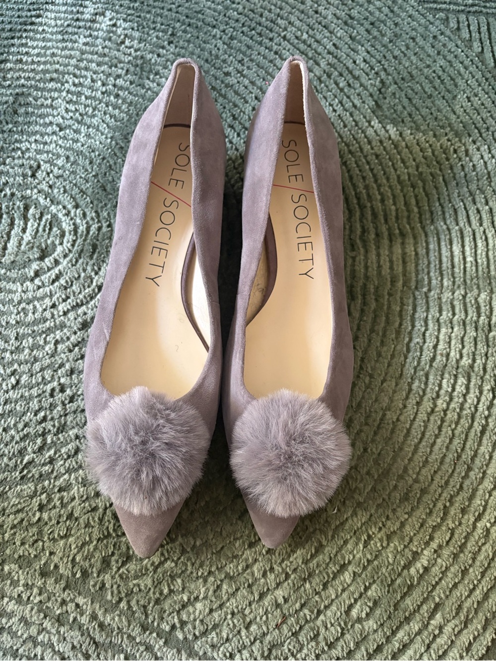 Sole Society Taupe Suede Pointed Flats with Pom Detail